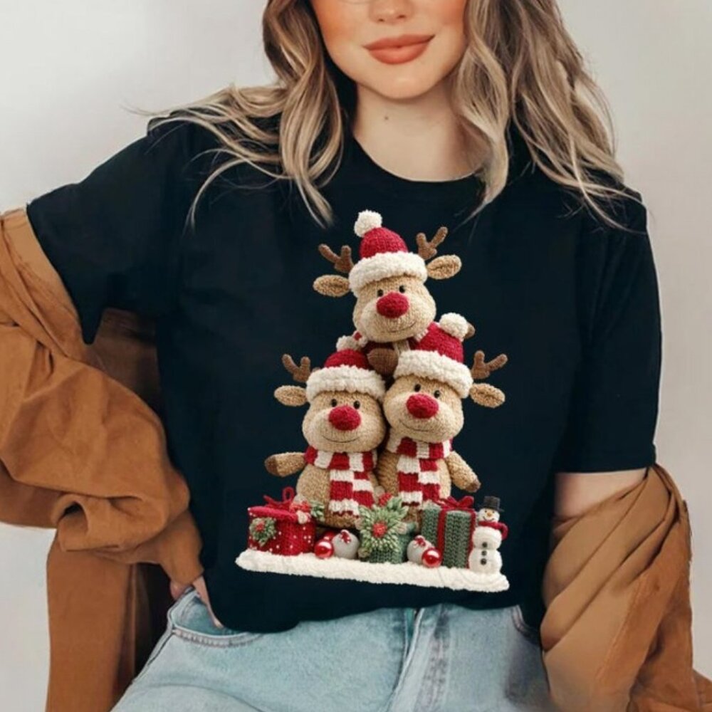 Christmas Reindeer Print Shirt, Trendy Crochet Red Nose Reindeer Shirt